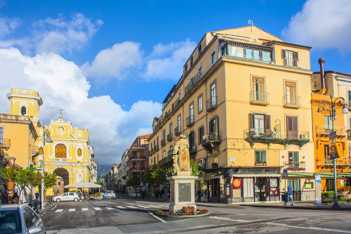 Panoramic view of the Piazza Tasso and architectures in Sorrento, Italy