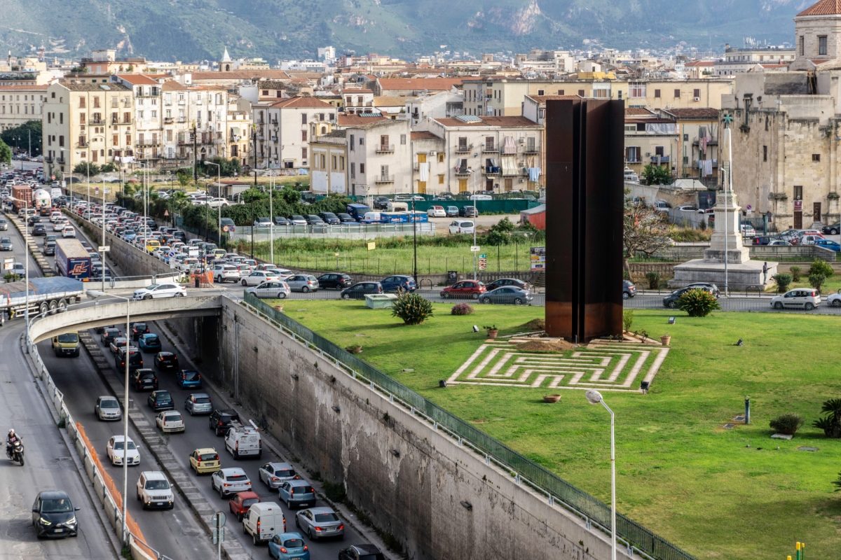 Aerial view of the rush hour traffic and the Piazza XIII Vittime in Palermo, Sicily, Italy