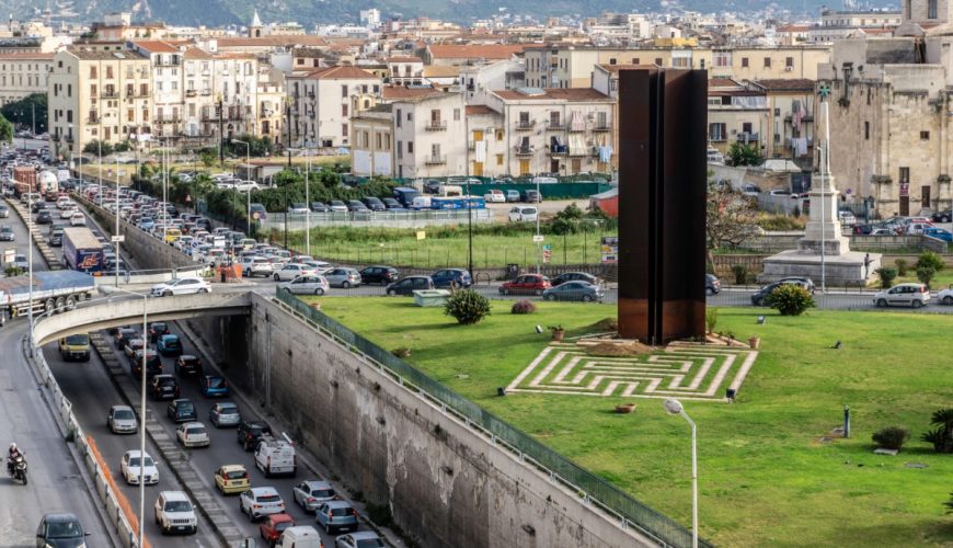 Aerial view of the rush hour traffic and the Piazza XIII Vittime in Palermo, Sicily, Italy