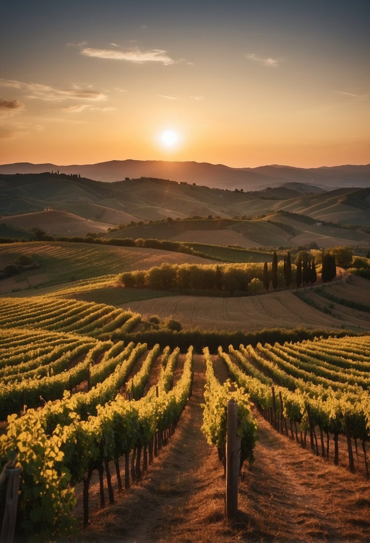 A vast plain field in Tuscany, Italy, with golden wheat crops swaying in the breeze under a sunny sky.