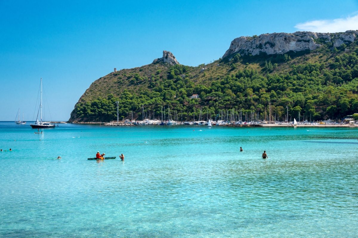 Panoramic view of the Poetto Beach in Cagliari, Sardinia, Italy