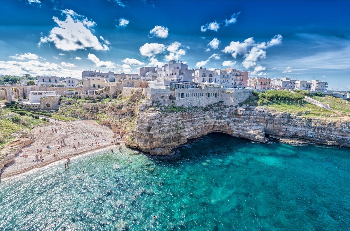 Aerial view of the Polignano a Mare by the coast in Italy