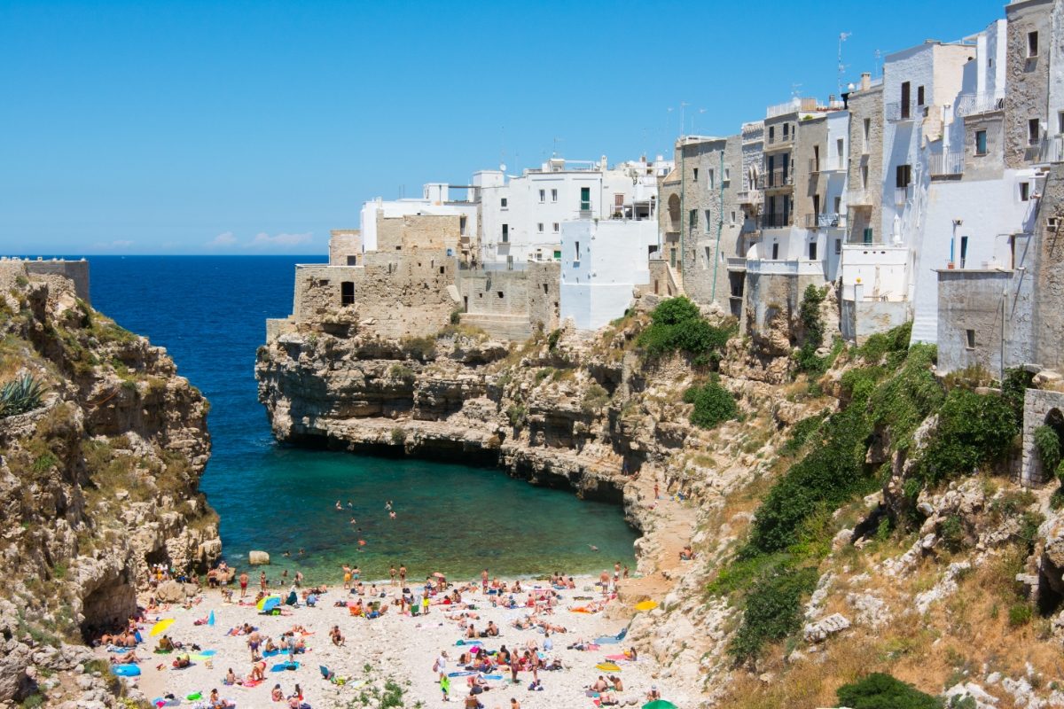 Panoramic view of Polignano a Mare, town on the rocks in Apulia, Italy