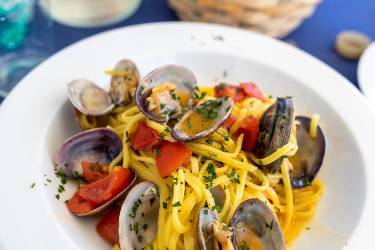 Plate of seafood pasta in Polignano a Mare, Apulia, Italy