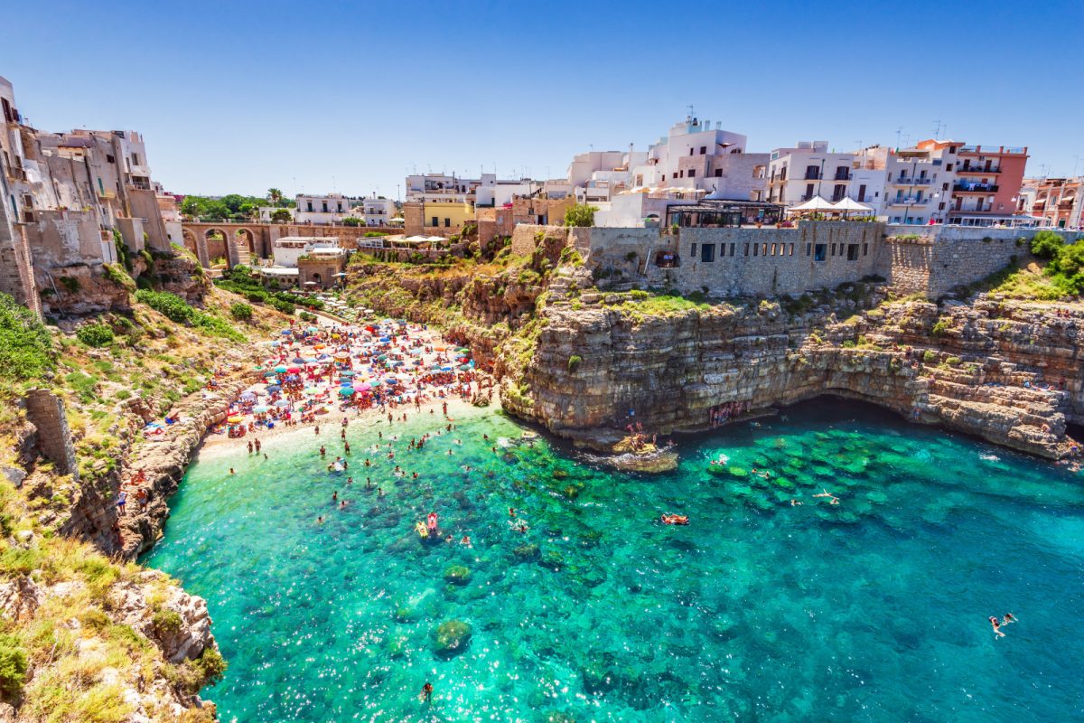 Aerial view and the beach at Polignano a Mare in Pulgia, Italy