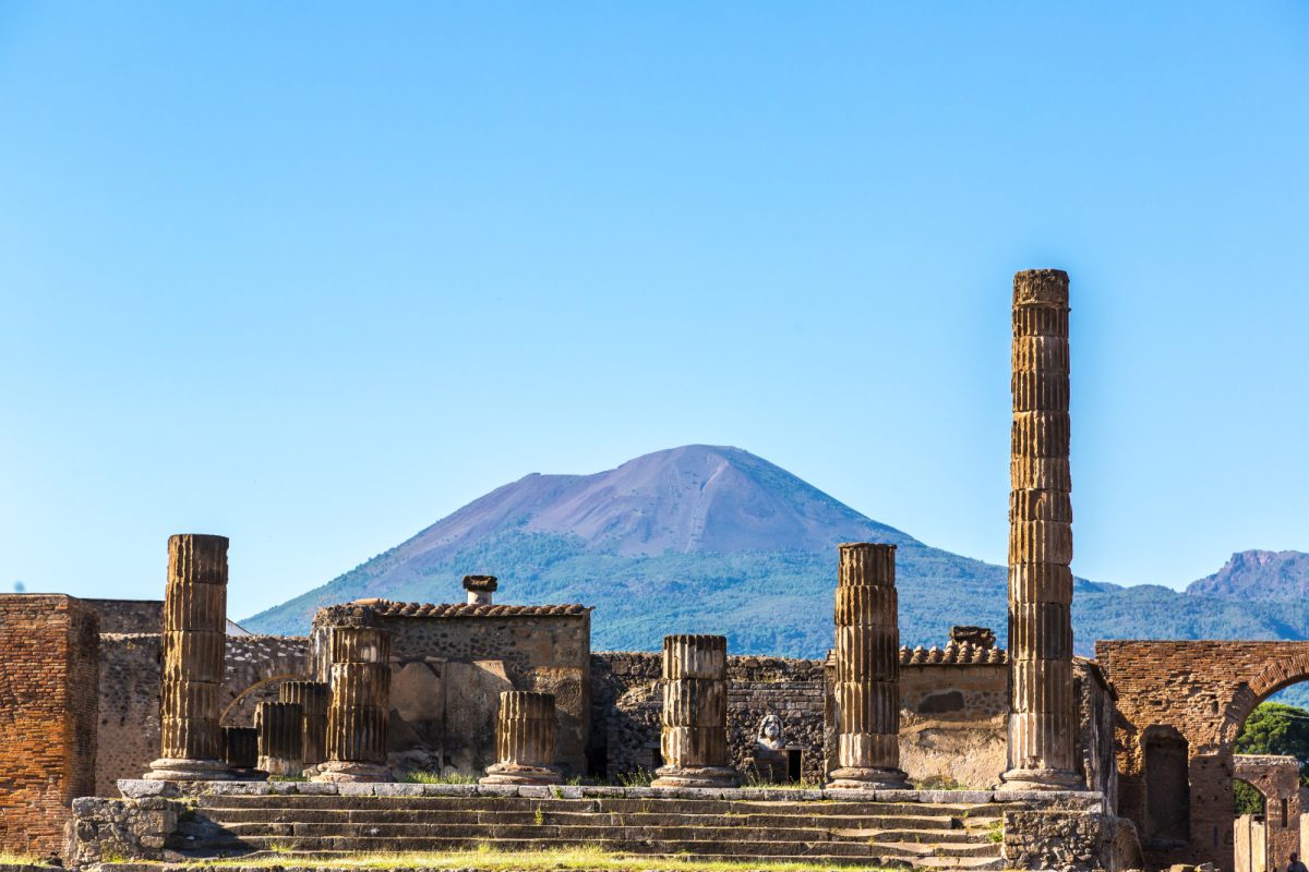 Pompei city ruins and the Mount Vesuvius view in the background