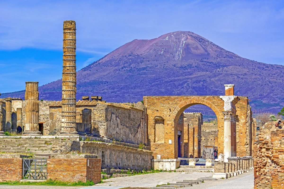 Ruins of the Pompeii Archaeological Park with Mount Vesuvius in the background, Naples, Italy