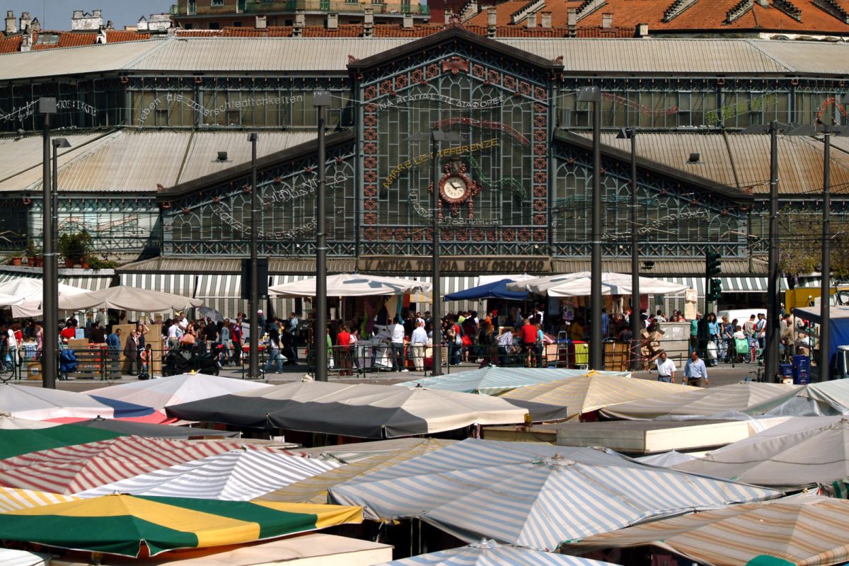 Front and exterior of the Porta Palazzo Market in Turin, Italy