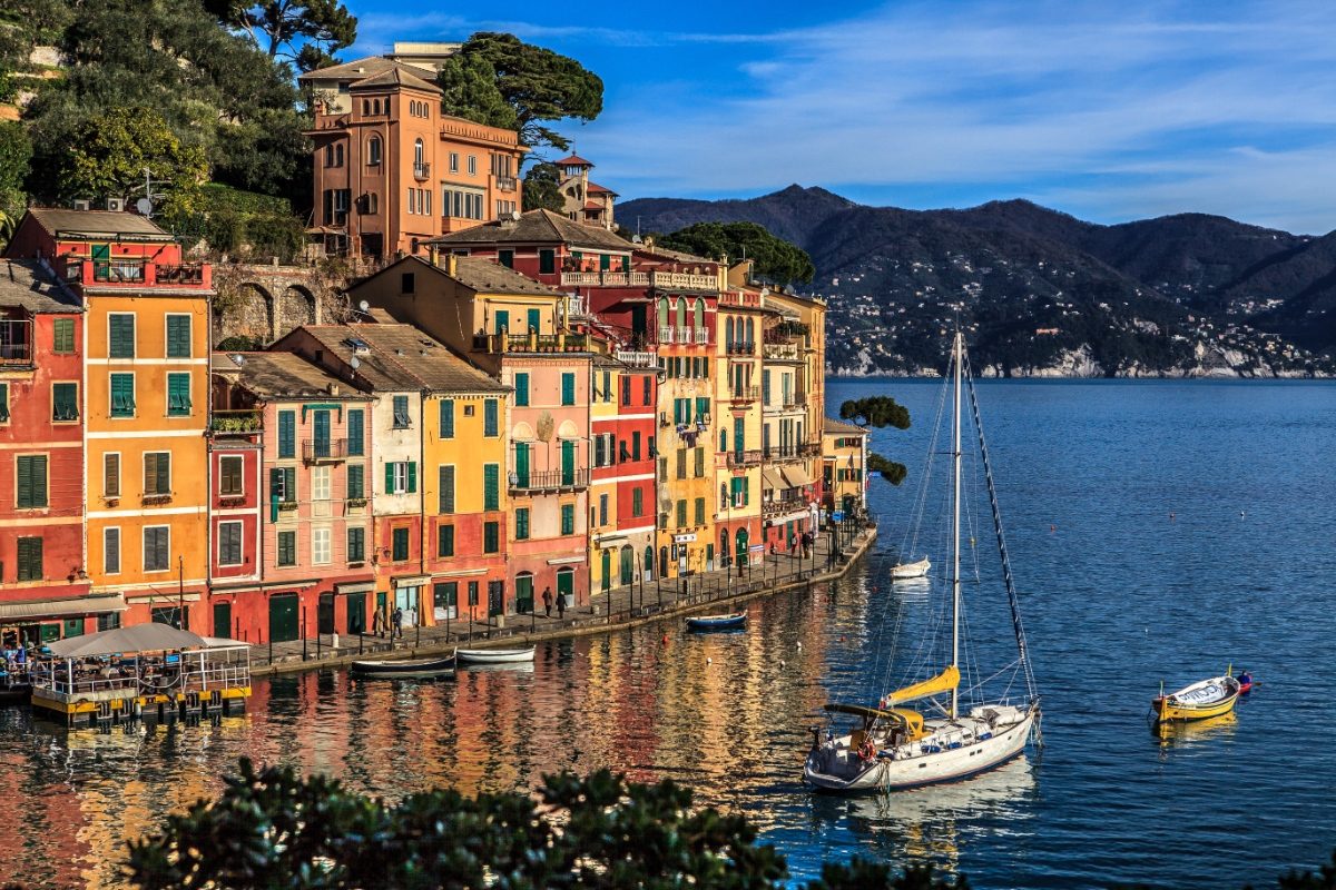 Aerial view of the Portofino Comune colorful houses in Liguria, Italy