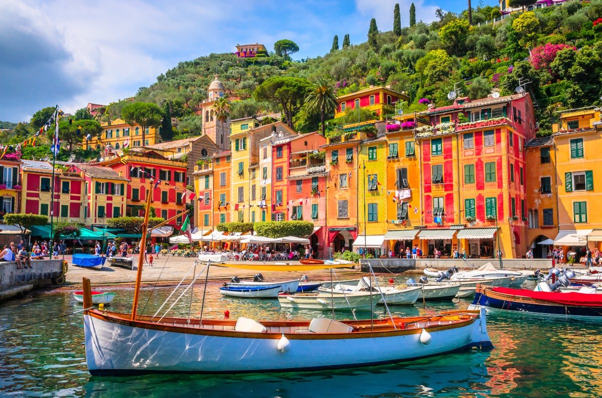 Boats and colorful houses in Portofino, Liguria, Italy