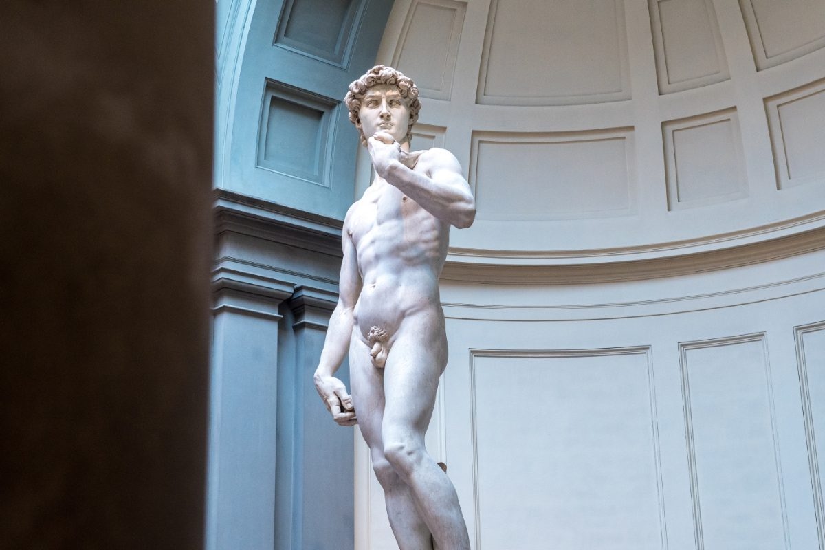 Portrait of Michelangelo's David statue at the Accademia Gallery in Florence, Italy