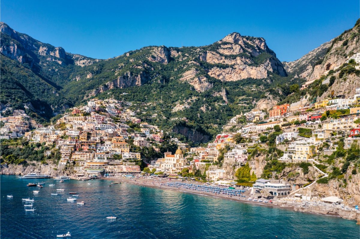 Panoramic view of a beautiful beach and village of Amalfi Coast in Campania, Italy