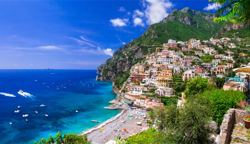 Panoramic view of the picturesque Positano coastal town in Amalfi Coast, Italy