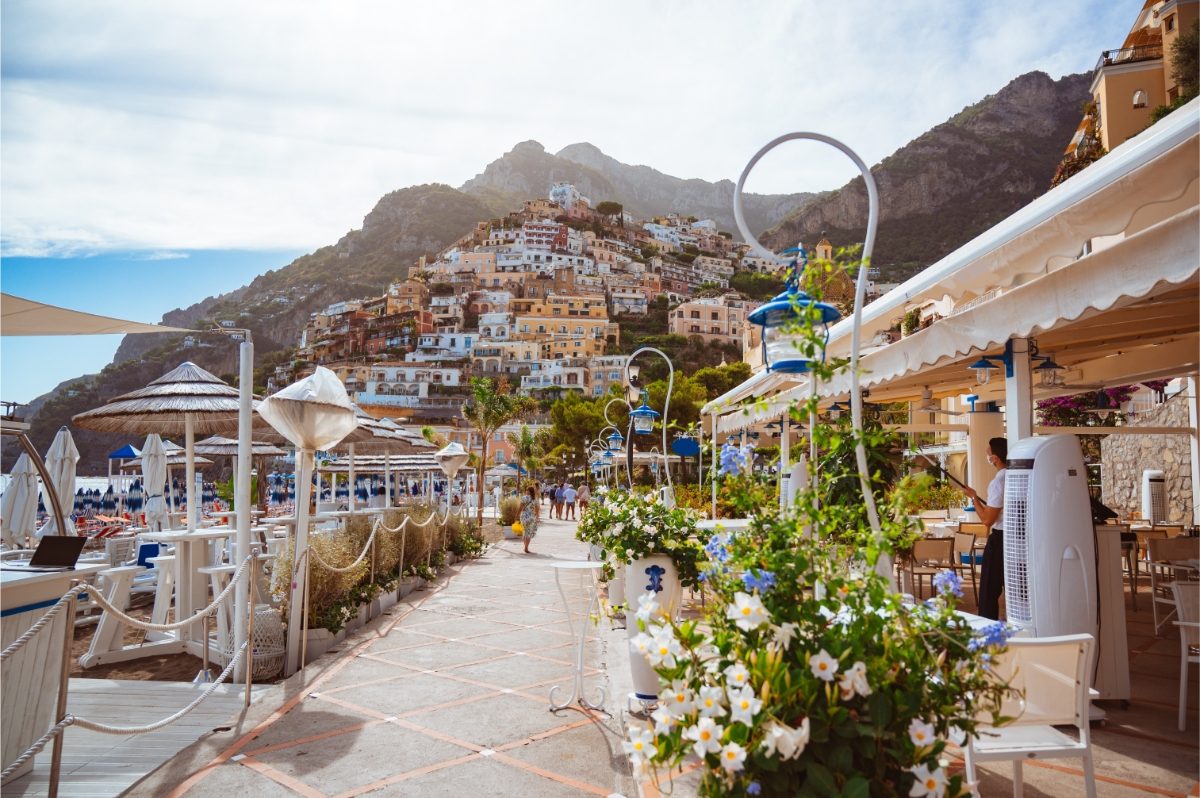 Row of restaurants and outdoor dining in Positano, Amalfi Coast, Italy