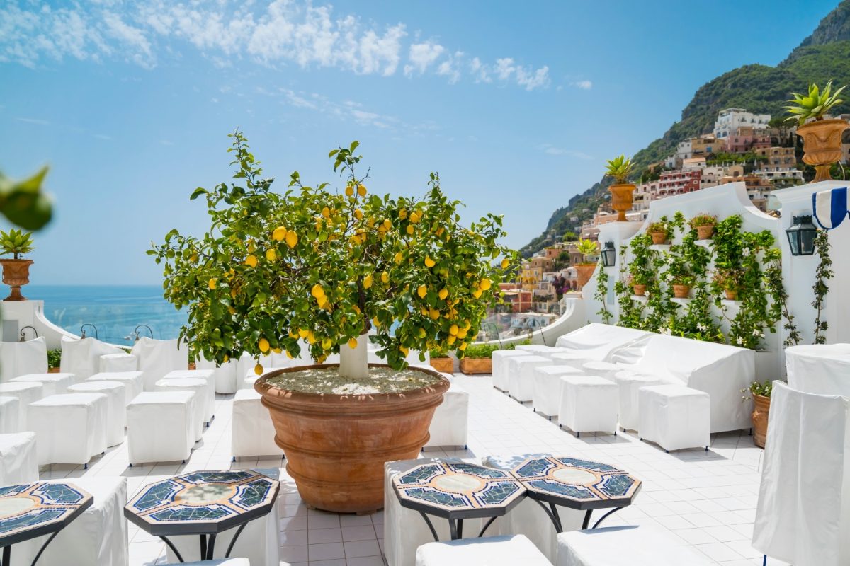 Lemon trees with lemons and scenic view of Positano, Italy