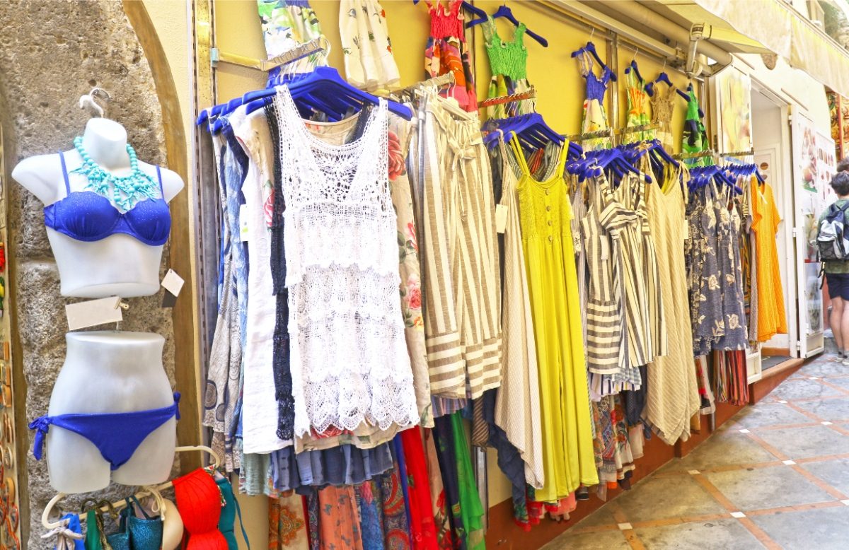 Shops in Positano, Italy, offer a variety of generic clothing and swimwear