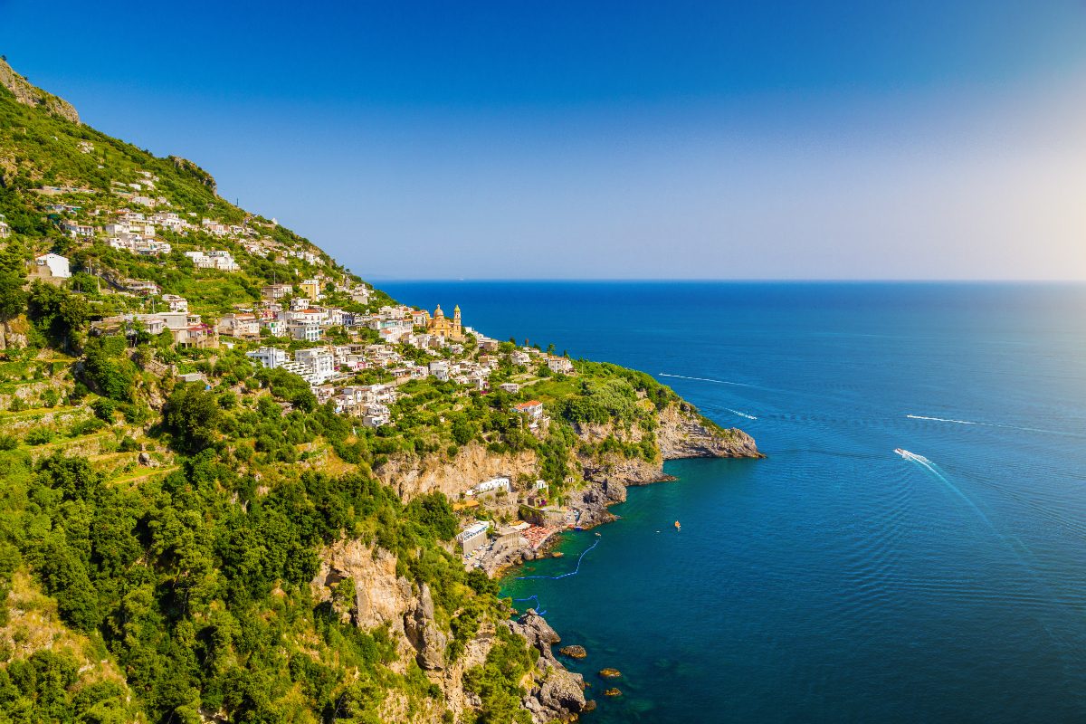 Panoramic view of the Praiano town at Amalfi Coast, Italy