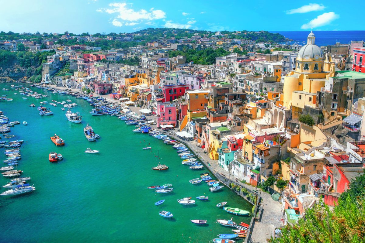 Aerial view of the Marina Corricella on Procida Island, Italy