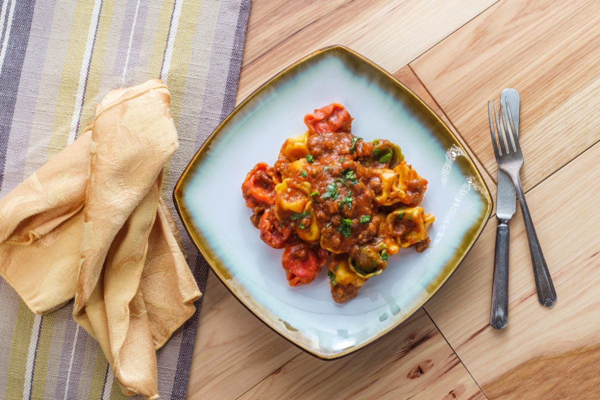 Close-up of the ragu alla bolognese tortellini pasta dish