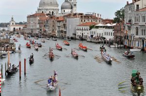 Historical parade of historic boats for the Regata Storica through the Grand Canal in Venice, Italy