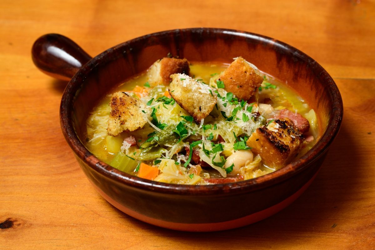 Tuscan Bread Soup Ribollita served in a Terracotta Bowl