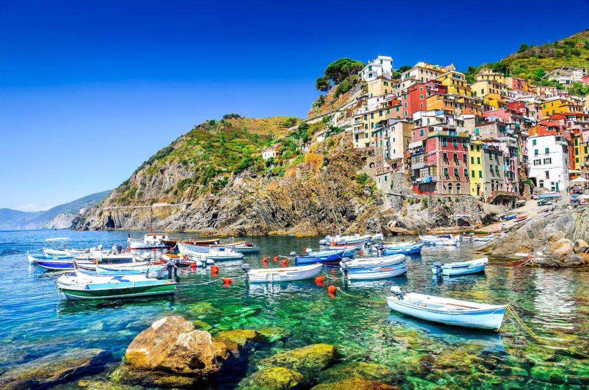 Panoramic view of the Riomaggiore coastal village in Cinque Terre, Italy