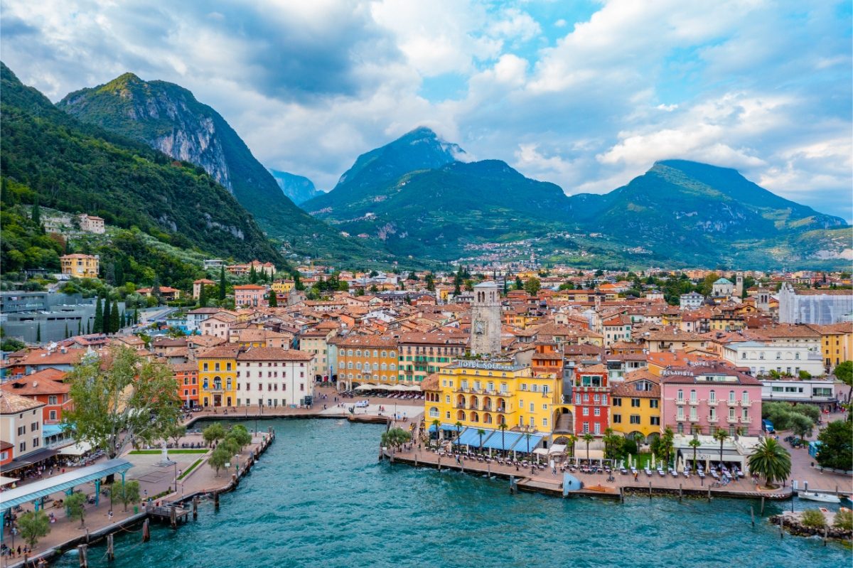 Panoramic view of the lakeside promenade at Riva del Garda in Lake Garda, Italy