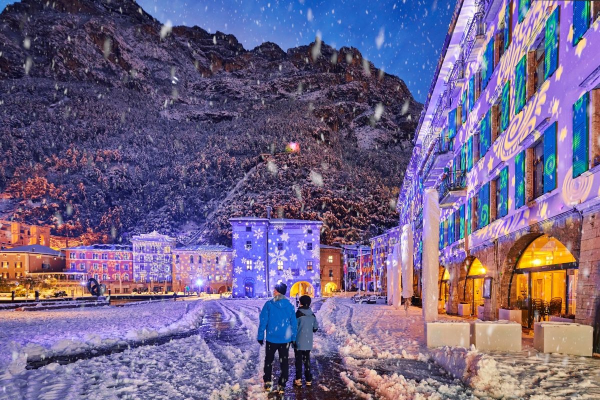 Riva del Garda town covered in snow during winter at the Lake Garda in Italy