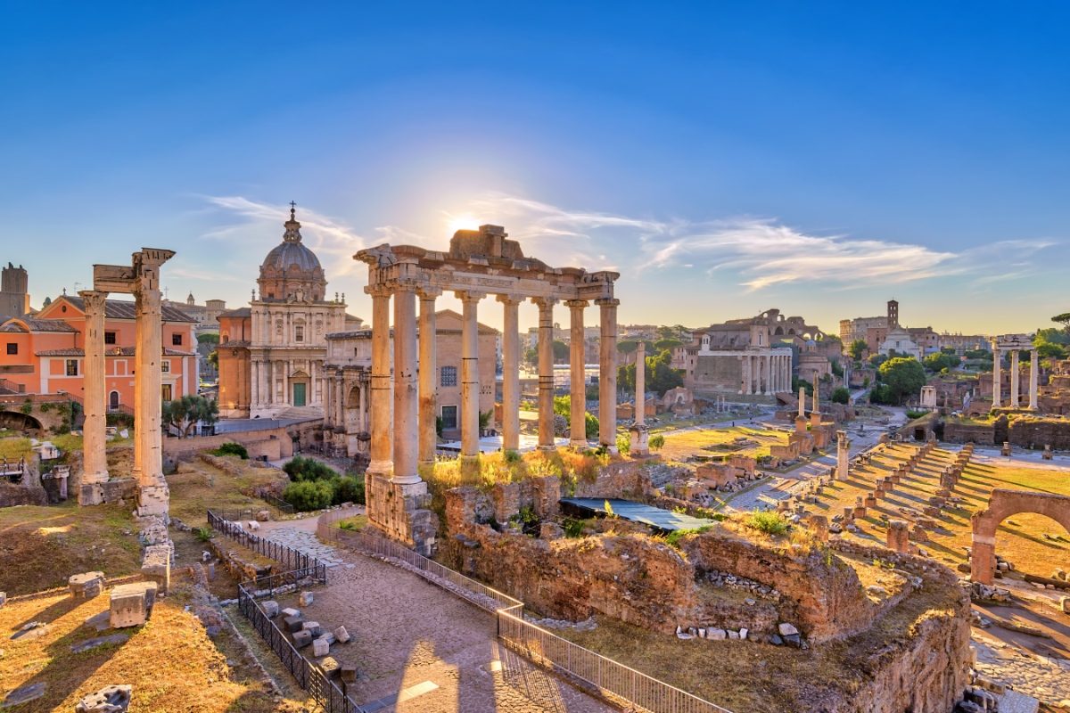 Sunrise over the city skyline at the Roman Forum in Rome