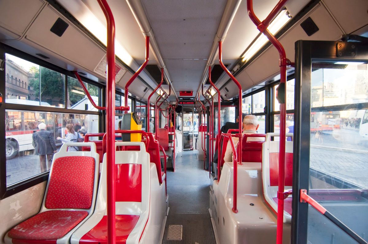 Seats and in the interior of a bus in Rome, Italy