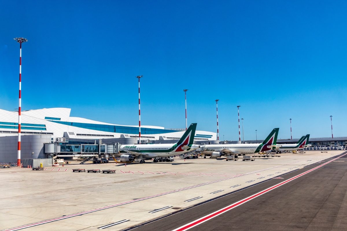 Row of Alitalia aircrafts at Rome Fiumicino Airport in Italy