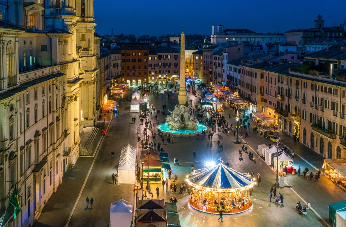 Aerial view of the Piazza Navona in Rome, Italy during Christmas time