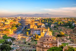 Aerial view of Rome, Italy cityscape and sunset view