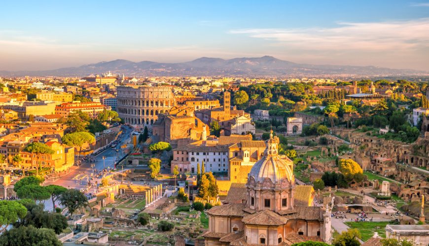 Aerial view of Rome, Italy cityscape and sunset view