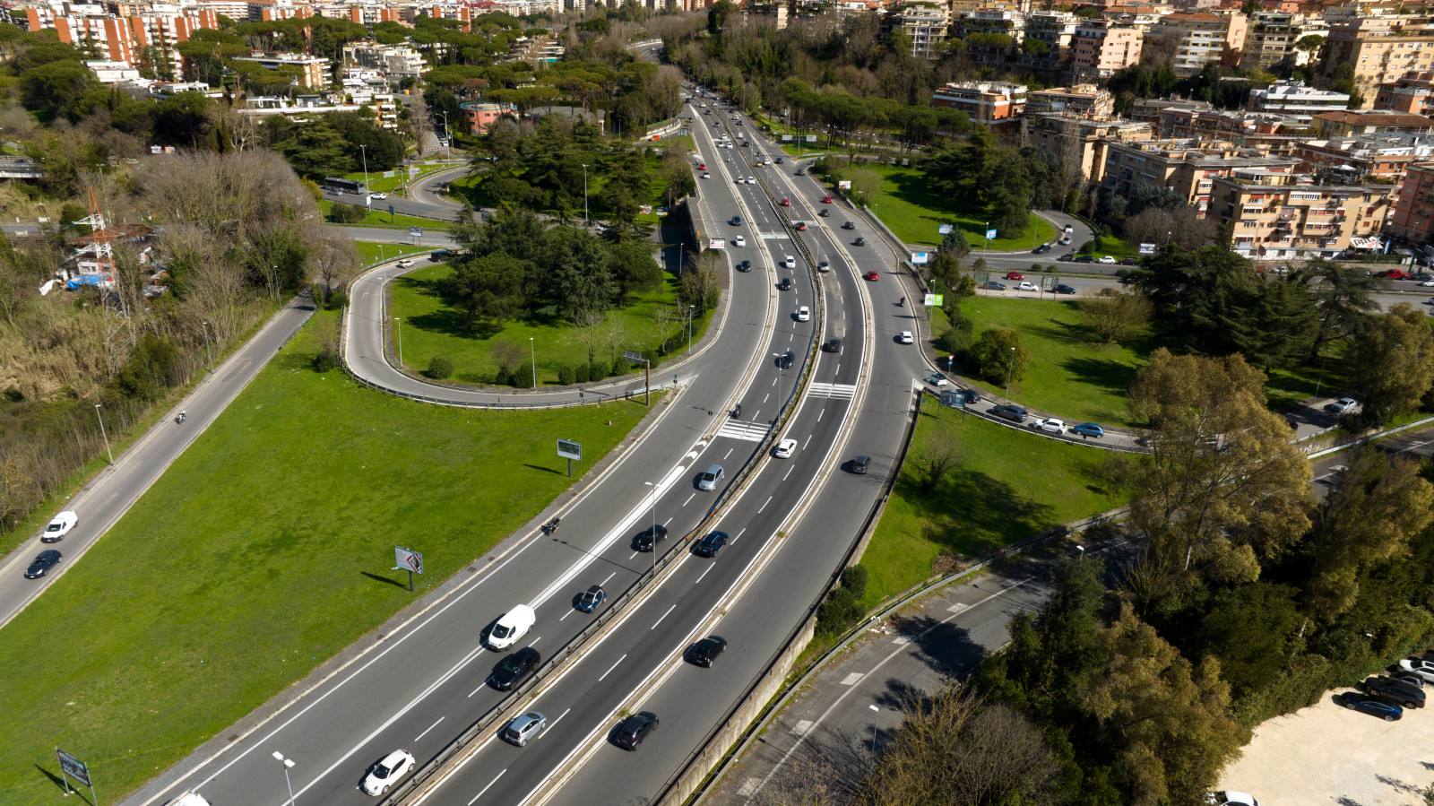 Aerial view of a eastern ring road and vehicles in Rome, Italy