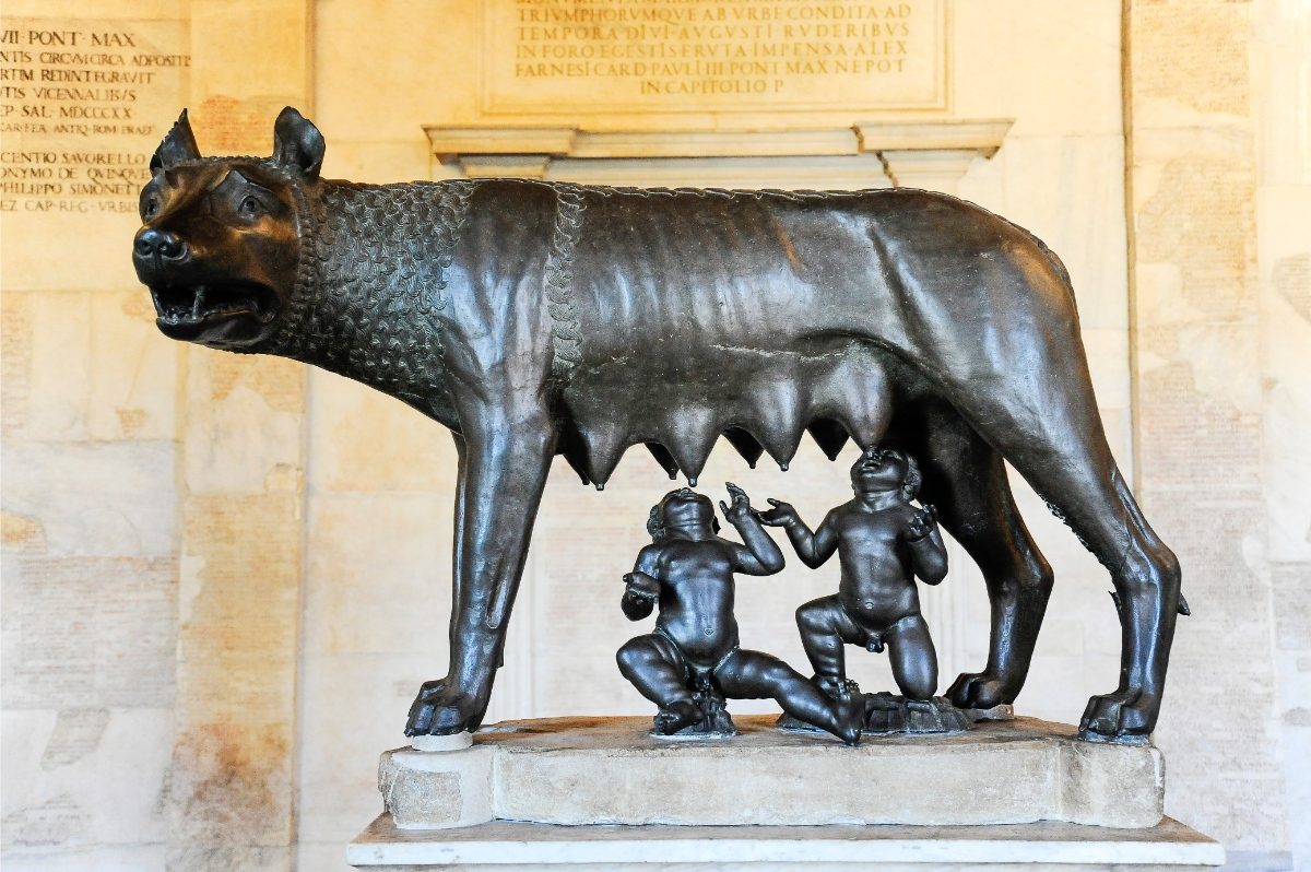 Mythical she-wolf nursing the infant twins Romulus and Remus sculpture in Rome, Italy