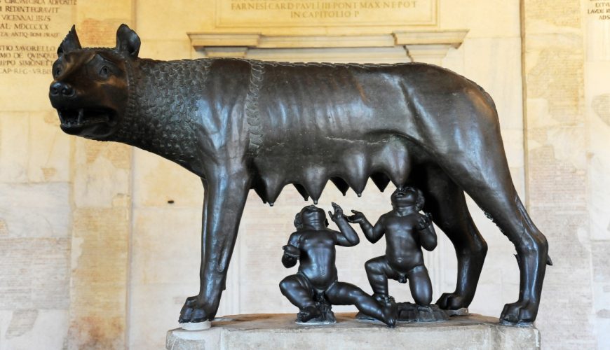 Sculpture depicting the mythical she-wolf nursing the infant twins Romulus and Remus in Rome, Italy