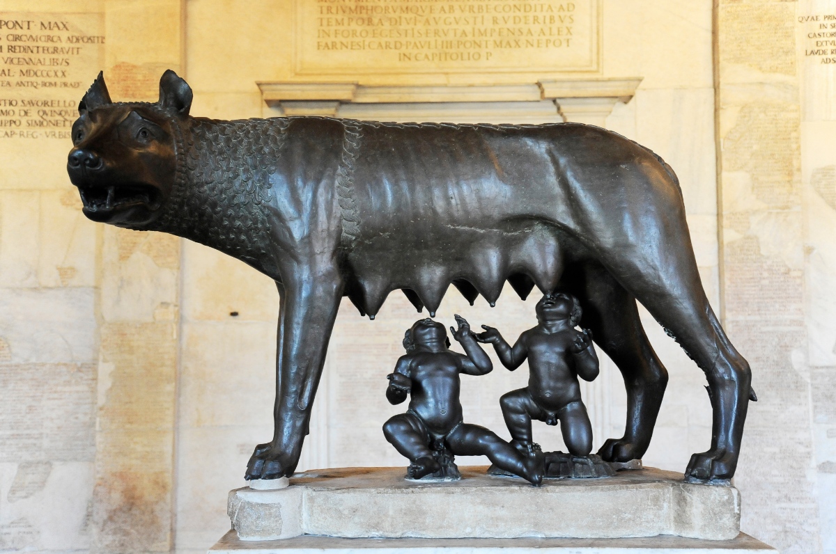 Sculpture depicting the mythical she-wolf nursing the infant twins Romulus and Remus in Rome, Italy