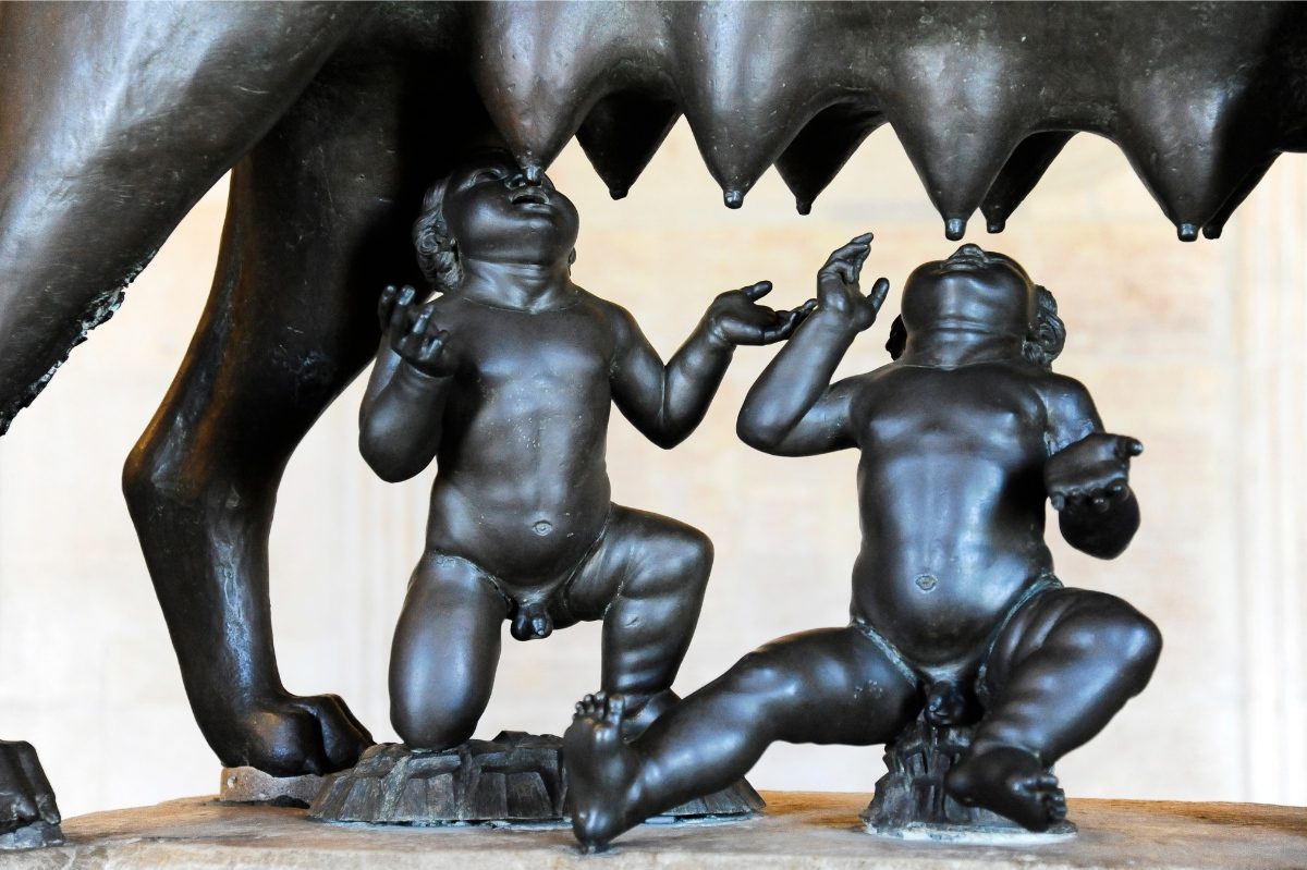 Sculpture of the mythical she-wolf nursing the infant twins Romulus and Remus in Rome, Italy