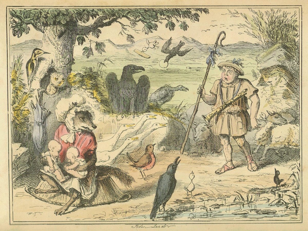 Romulus and Remus discovered by a gentle shepherd from The Comic History of Rome by Gilbert Abbott A Beckett. Bradbury, Evans & Co, London, 1850s 