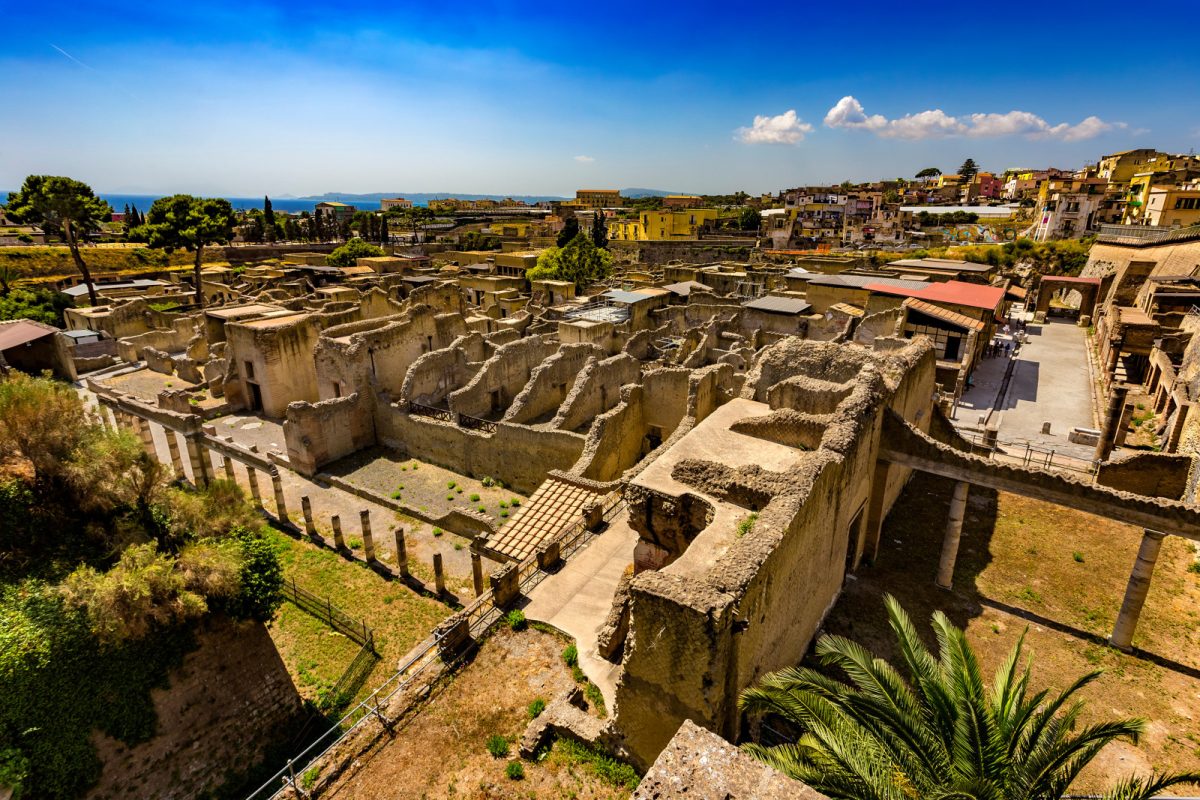 Archaeological Park of Herculaneum ruins aerial view in Ercolano, Italy