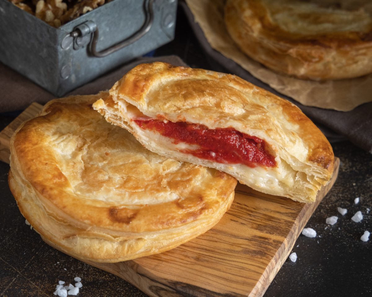 Close-up of the Rustico puff pastry from Lecce, Italy