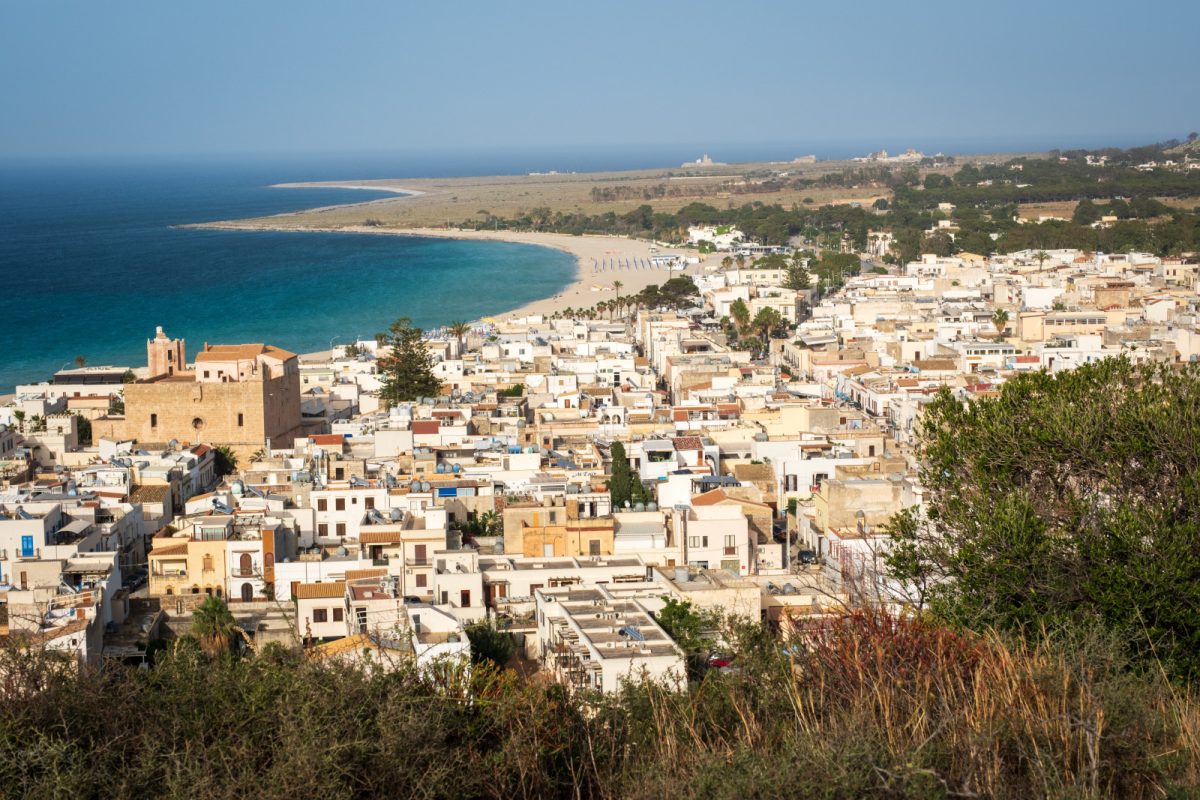 Aerial view of the San Vito Lo Capo beach town in Sicily, Italy