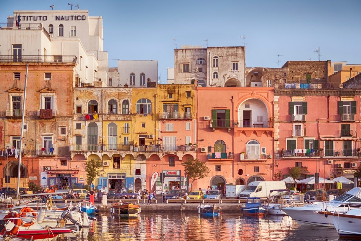 Colorful houses and the harbor marina in Sant'Agnello, Sorrento, Italy