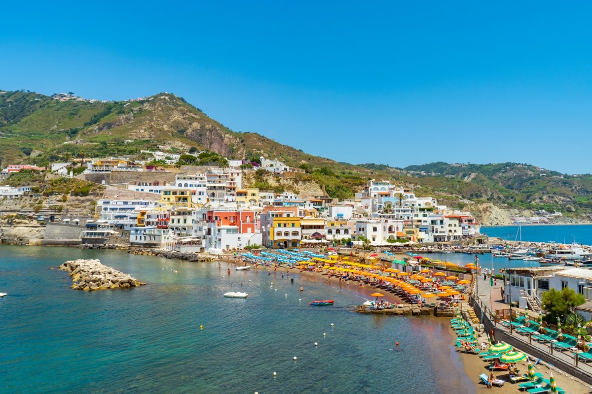 Panoramic view of the Sant'Angelo village colorful houses and architecture in Ischia Island, Italy