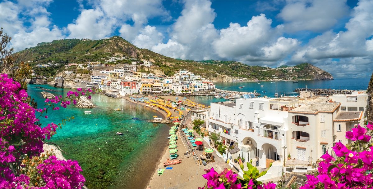 Panoramic view of the Sant Angelo village at the coast of Ischia Island in Italy