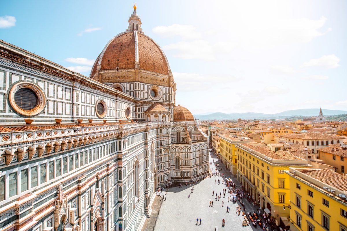 Close-up of the Santa Maria del Fiore church dome and Florence, Italy cityscape