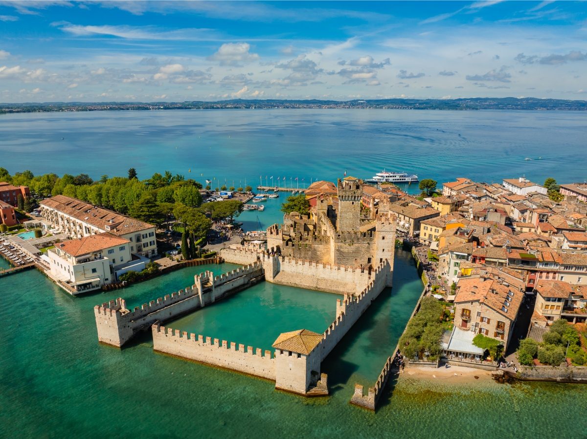 Aerial view of the Scaligero Castle at Sirmione, Lake Garda in Italy