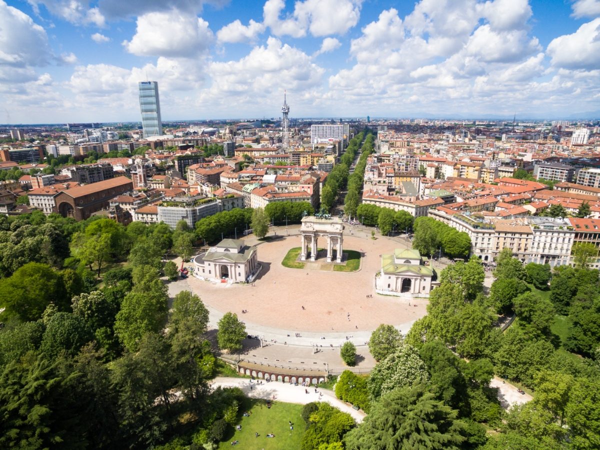 Aerial view of the Arco Della Pace at Parco Sempione in Milan, Italy