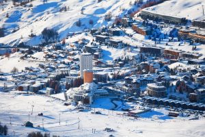 Aerial view of the Sestriere ski resort slopes in Italy